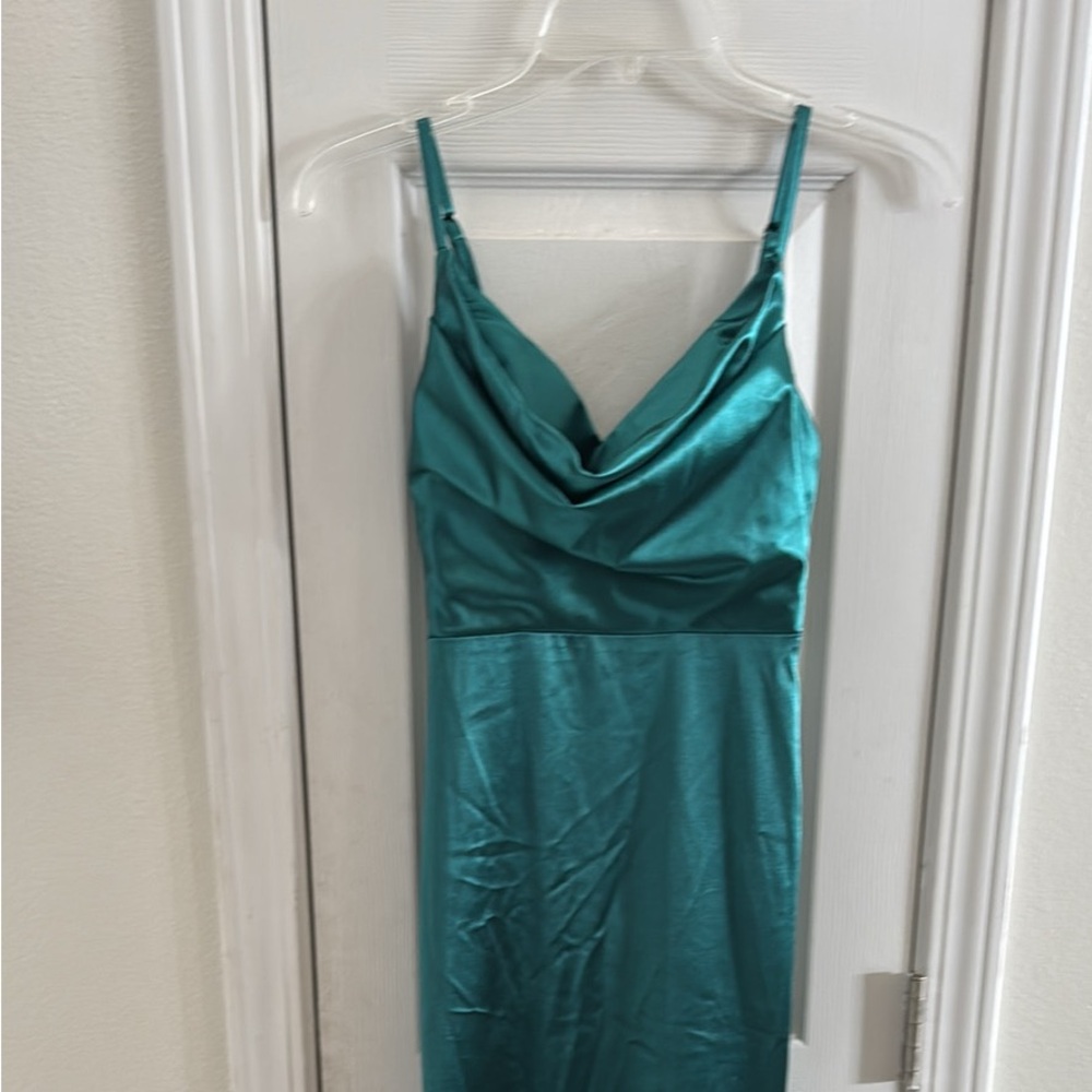 Teal Ruched Backless Gown with V-Neck for Prom